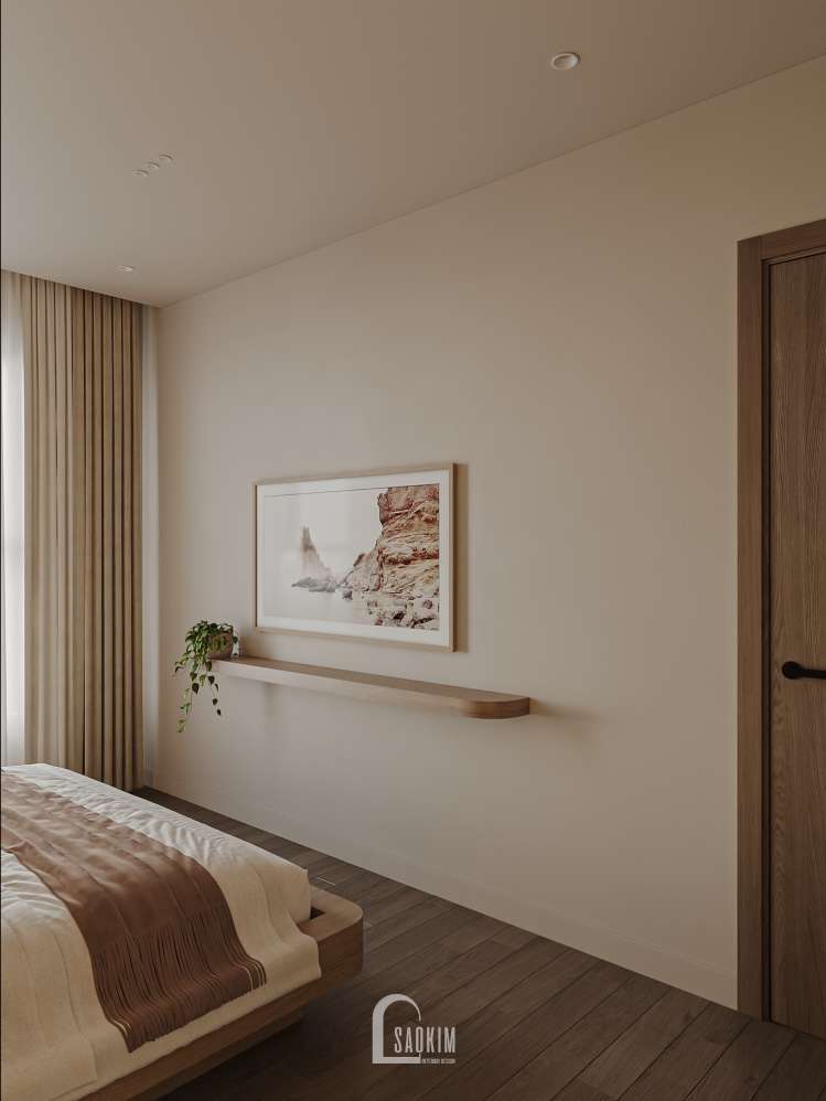Thiết kế chung cư The Beverly đưa chất liệu gỗ tự nhiên vào phòng ngủ, tạo cảm giác ấm cúng và cân bằng.